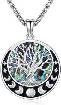 wholesale 925 Sterling Silver Round Abalone Shell Tree of Life Pendant Necklace with Moon Phase Design-B-Tree of Life