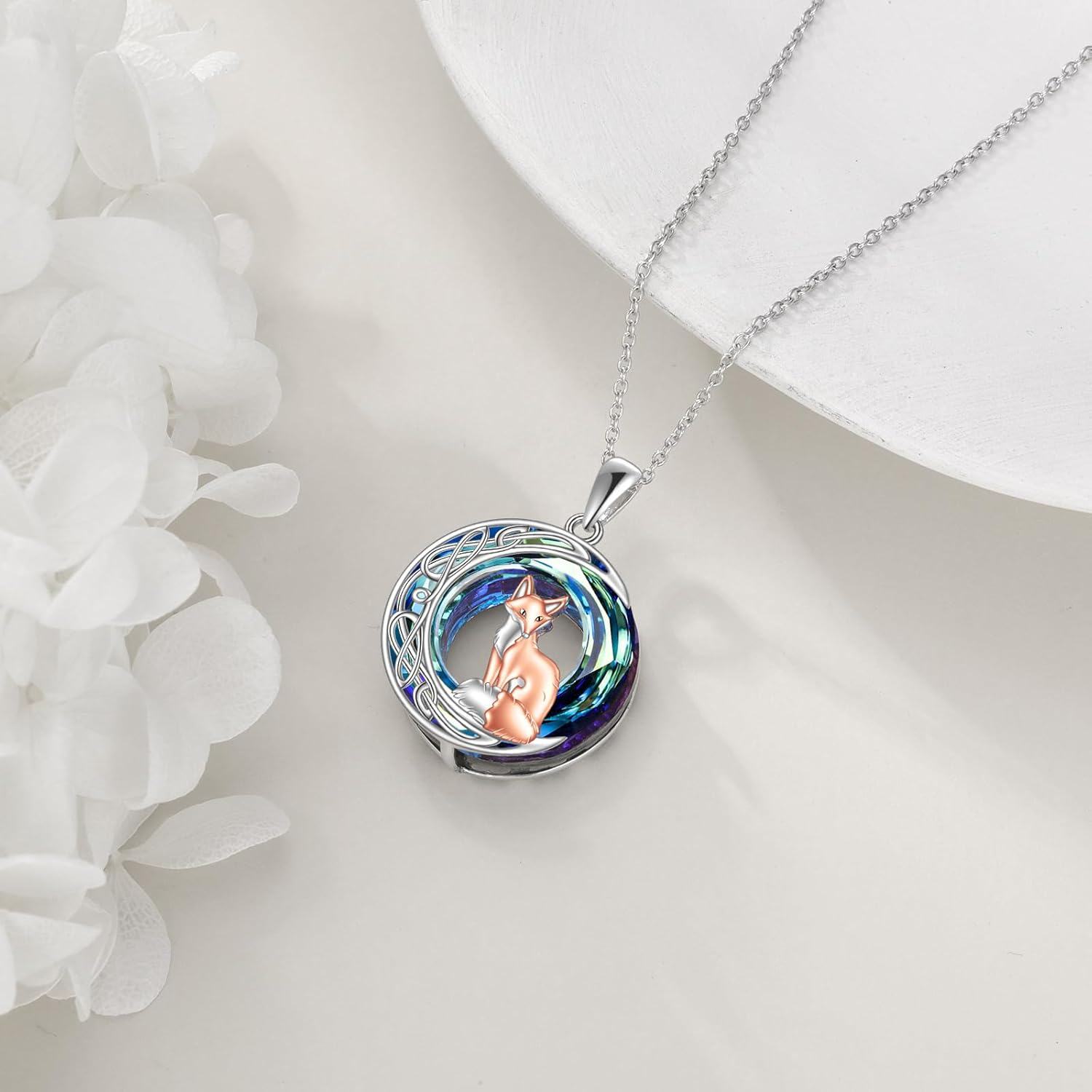 wholesale 925 Sterling Silver 925 Blue Crystal Fox Pendant Necklace Celtic Style-0-3