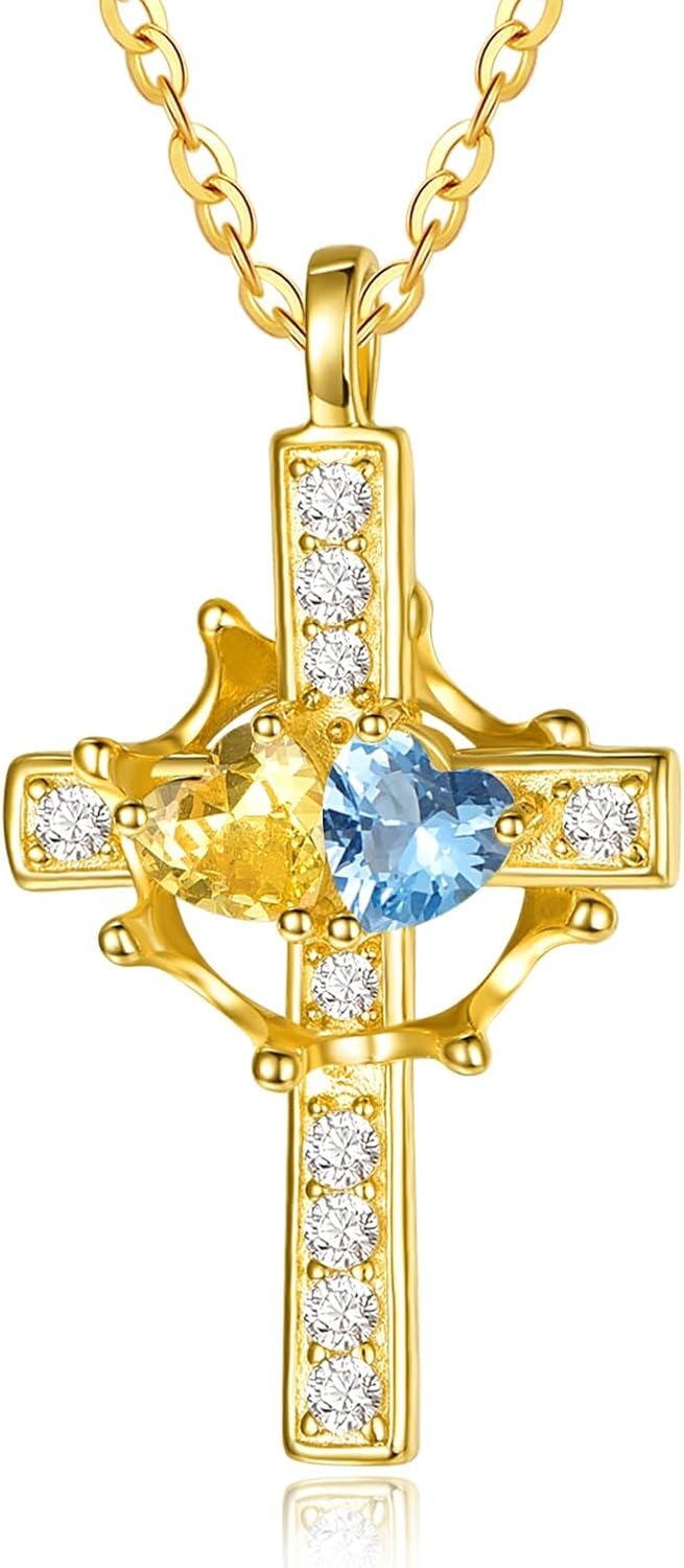 Sterling Silver Birthstones Gold Cross Necklace for Women -11-12-Nov-Dec-11-12-Nov-Dec