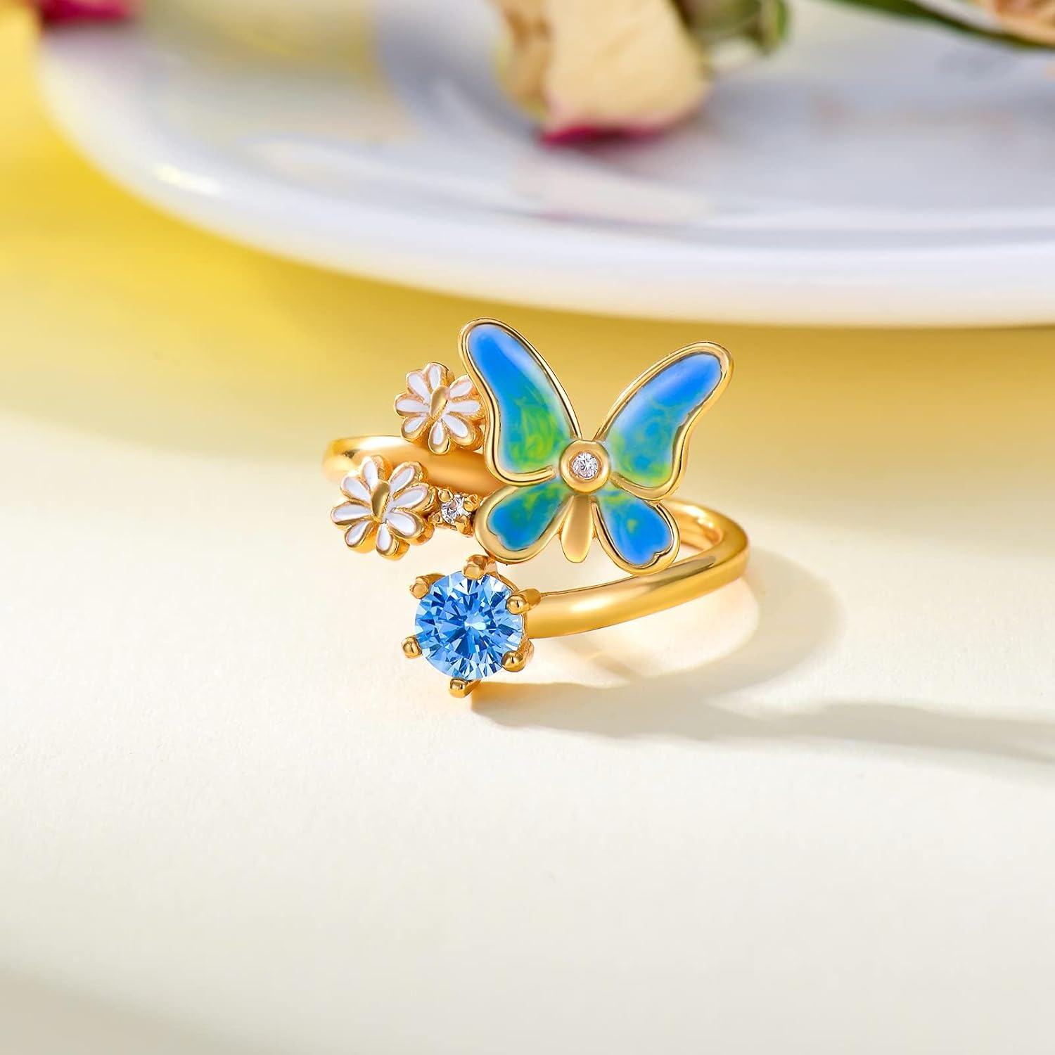 Sterling Silver Butterfly Daisy Adjustable Rings for Women-0-5