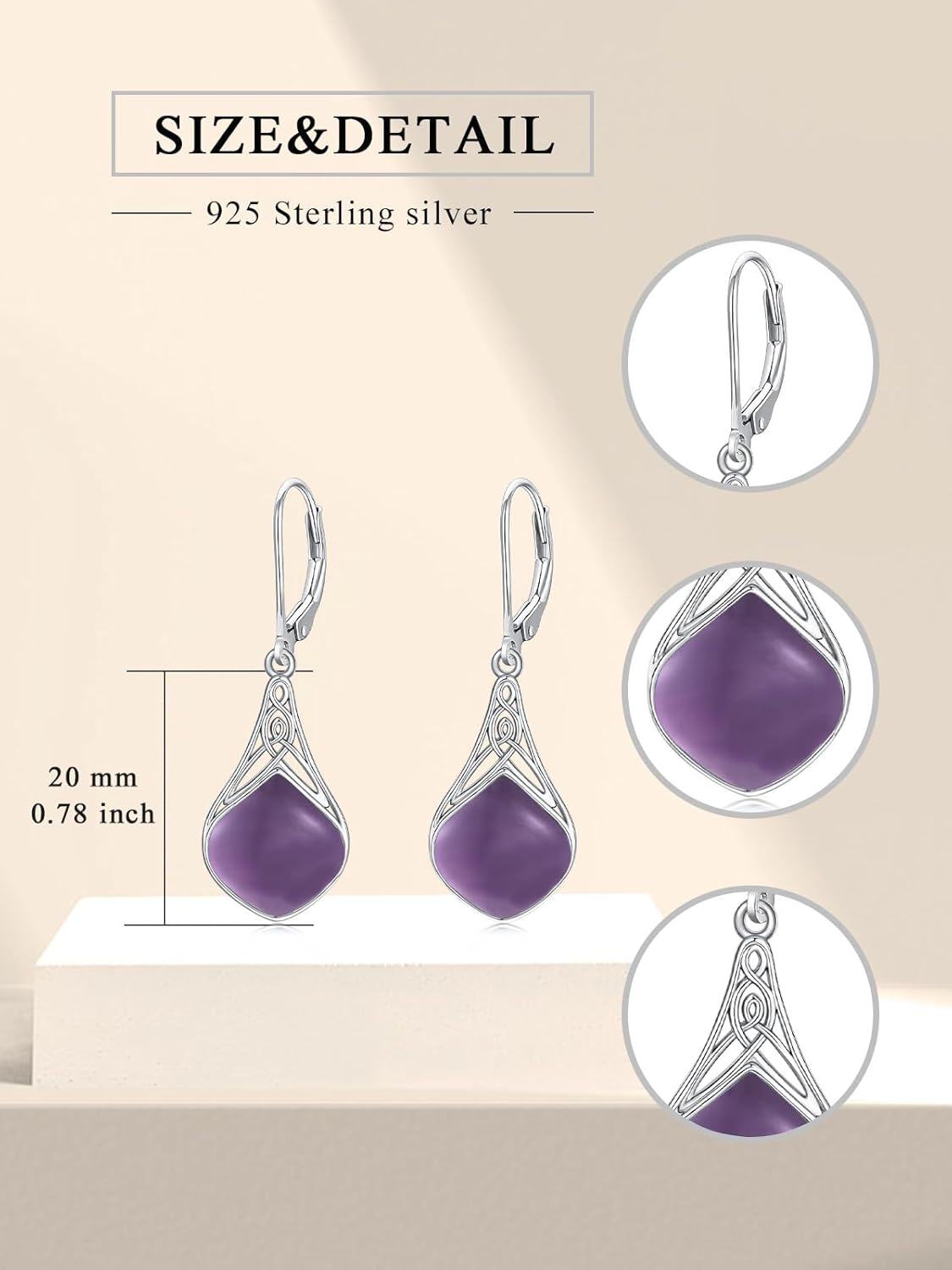 925 Sterling Silver Purple Agate Celtic Teardrop Dangle Earrings  for Women-0-1