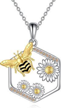 wholesale 925 Sterling Silver Bee & Daisy Flower Hexagon Pendant Necklace for Women Teen Girls Holiday Gift-Bee Necklace