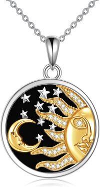 wholesale 925 Sterling Silver Round Sun & Moon Stars Pendant Necklace with CZ Stones and Chain for Women Girls  45cm/18 Length-Black onyx