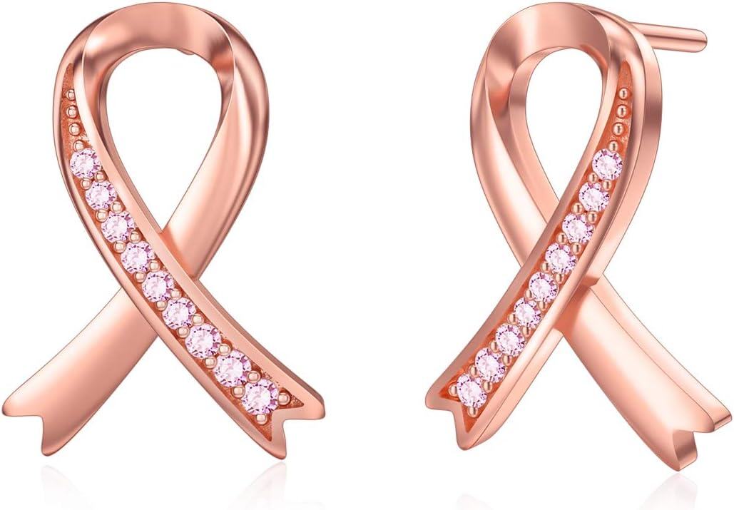 Sterling Silver Pink Stone Breast Cancer Awareness Ribbon Earrings for Survivors-0-0