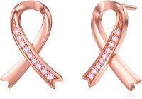 wholesale Rose Gold 925 Sterling Silver Pink Crystal Ribbon Breast Cancer Awareness Stud Earrings-Pink Ribbon