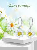 wholesale 925 Sterling Silver Daisy Flower Drop Earrings White Petals Gold Center Two Tone-0-2