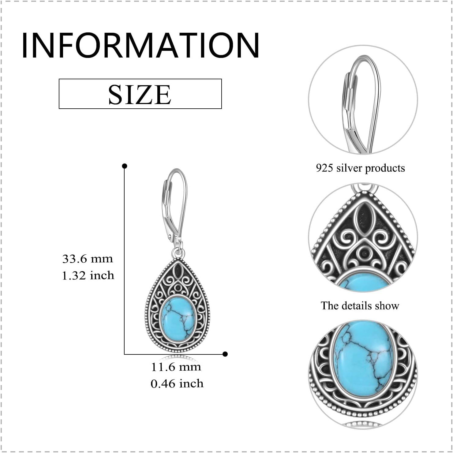 Sterling Silver Lapis Turquoise Onyx Agate Dangle Drop Leverback Earrings Western Boho Vintage Jewelry-0-5