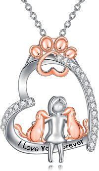 wholesale 925 Sterling Silver Angel Girl with Cats and Paws Heart Pendant Necklace for Women's Gifts on Mothers' Days & Christmas-Dog and Women
