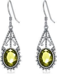 wholesale Sterling Silver 10mm Oval Cut Birthstone Oxidized Filigree Dangle Earrings-08-Peridot-Green