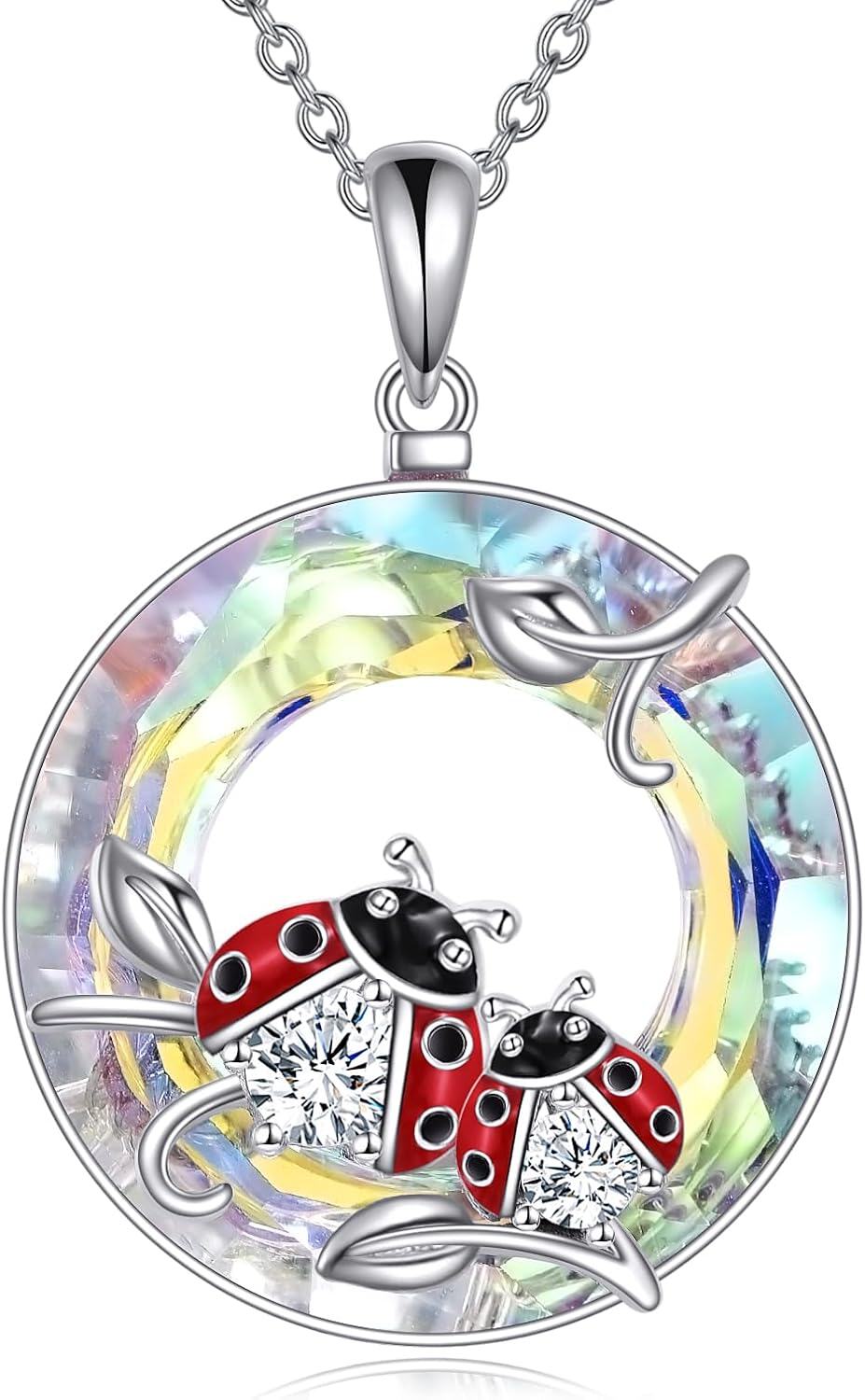Sterling Silver Animal Necklace Frog Fox Ladybug Cat Pig Dinosaur Penguin Turtle Koala for Women Mom Daughter Wife-sliver-crystal ladybug necklace