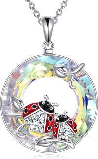 wholesale 925 Sterling Silver Ladybug Pendant Necklace with Crystal Accents and Rainbow Stone - Gift Idea for Women/Mom/Daughter/Wife-sliver-crystal ladybug necklace