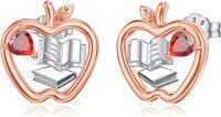 wholesale 925 Sterling Silver Heart-Shaped Red Crystal Apple Stud Earrings w/Book & Music Notes - Teacher Gift Jewelry-02-Book