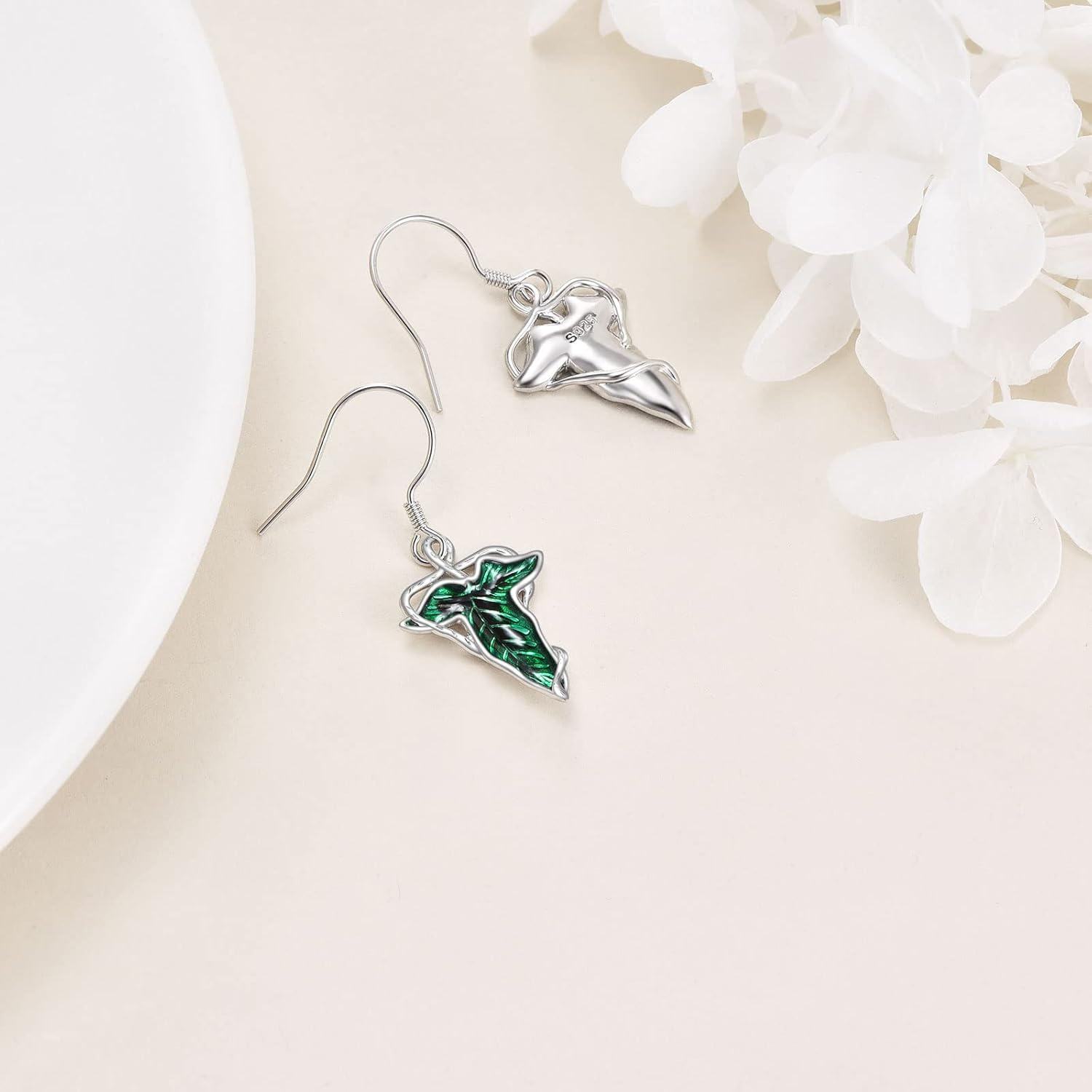 925 Sterling Silver Green Leaf Drop Dangle Earrings with French Hook for Women Girls Gifts-0-4