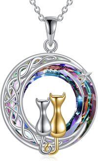 wholesale 925 Sterling Silver Abalone Shell Moon Pendant with Cats and Tree of Life Design for Cat Lovers-Two Cat Moon Purple Crystal