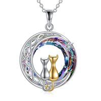 wholesale 925 Sterling Silver Abalone Shell Moon Pendant with Cats and Tree of Life Design for Cat Lovers-Two Cat Moon Purple Crystal