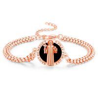 wholesale 925 Sterling Silver Plated Rose Gold Saint Benedict Pray for Us Charm Bracelet with Black Onyx Stone and Infinity Chain 7-8 Adjustable Length-Rose Gold-St Benedict