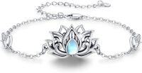 wholesale 925 Sterling Silver Flower Vine Lotus Star Moon Charm Anklet with Blue Stone and White Crystal for Women-03-Lotus Flower (Moonstone)