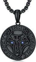 wholesale 925 Sterling Silver Black Wolf Head Pendant with Blue Eyes and Runes - Nordic Style Amulet Necklace for Men & Women -0-0
