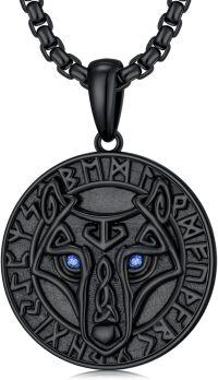 wholesale 925 Sterling Silver Black Wolf Head Pendant with Blue Eyes and Runes - Nordic Style Amulet Necklace for Men & Women -Wolf