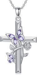 wholesale 925 Sterling Silver Pink Crystal Butterfly & Rose Cross Pendant Necklace Gift for Mom Wife Grandmother-0-12