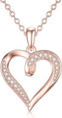 wholesale 14K Rose Gold Cubic Zirconia Open Heart Pendant Necklace for Women 18 Inches Chain-Rose Gold