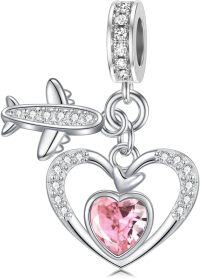 wholesale 925 Sterling Silver Birthstone Heart Charm with Airplane Charms for Anklets Women Mom Lover-10-October-Pink