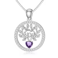 wholesale 925 Sterling Silver 12 Birthstones Tree of Life Necklace for Mom-Simulated Amethyst-Feb.
