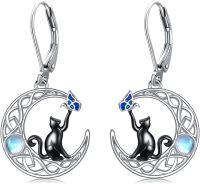 wholesale 925 Sterling Silver Moonstone Butterfly and Cat Drop Earrings-02-Black Cat