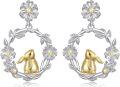 wholesale 925 Sterling Silver Daisy Flower & Gold Bunny Rabbit Dangle Drop Earrings for Women - Easter Gift Idea-0-0