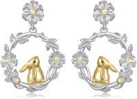 wholesale 925 Sterling Silver Daisy Flower & Gold Bunny Rabbit Dangle Drop Earrings for Women - Easter Gift Idea-Rabbit with Flower