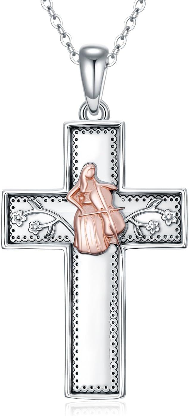 Sterling Silver Music Cross Pendant Necklace for Women Gift for Music Lovers-03-Cello