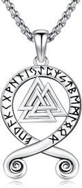 wholesale 925 Sterling Silver Viking Valknut Pendant with Runes and Norse Symbols on 3mm Rolo Chain - For Men & Women-0-0