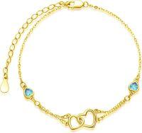 wholesale Sterling Silver Cubic Zirconia Double Heart Chain Jewelry for Women-03 Mar - Aquamarine-Yellow Gold-Anklet 9''-11''
