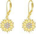 wholesale 925 Sterling Silver Gold Plated Sunflower Dangle Earrings with Cubic Zirconia Stones for Women-0-0