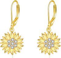 wholesale 925 Sterling Silver Gold Plated Sunflower Dangle Earrings with Cubic Zirconia Stones for Women-Sunflower Drop Leverback