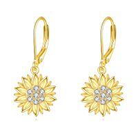 wholesale 925 Sterling Silver Gold Plated Sunflower Dangle Earrings with Cubic Zirconia Stones for Women-Sunflower Drop Leverback