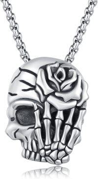 wholesale 925 Sterling Silver Gothic Rose Skull Pendant Necklace - Memento Mori Jewelry for Women and Men-Rose Skull