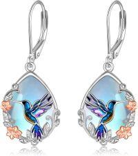 wholesale 925 Sterling Silver Teardrop Moonstone Hummingbird Leverback Drop Earrings with Floral Accents-Hummingbird
