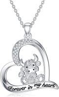 wholesale Sterling Silver & CZ Highland Cow Necklace for Women, Cute Heart Pendant, Adjustable Chain, Gift for Her-0-0