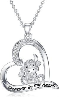 wholesale Sterling Silver & CZ Highland Cow Necklace for Women, Cute Heart Pendant, Adjustable Chain, Gift for Her-Highland Cow_Heart