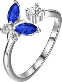 wholesale 925 Sterling Silver & Sapphire Blue Crystal Dancing Butterfly Adjustable Open Ring, Elegant Sparkly Gift for Women-Sapphire Blue
