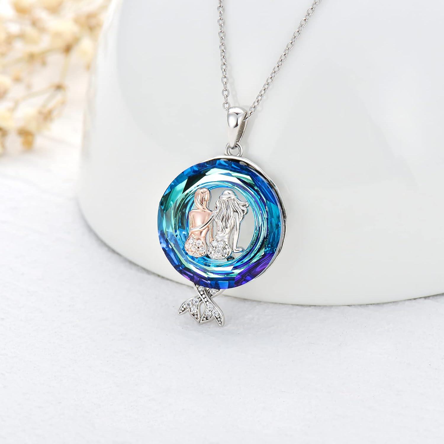 Sterling Silver Crystal Mermaid Necklace Sister Jewelry Gift for Women-0-4