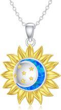 wholesale 925 Sterling Silver Sunflower Opal Necklace with Moon & Stars, Hypoallergenic Rhodium Plated Jewelry Gift for Women-0-0