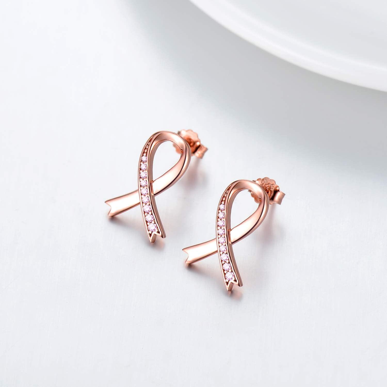 Sterling Silver Pink Stone Breast Cancer Awareness Ribbon Earrings for Survivors-0-4