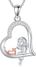 wholesale 925 Sterling Silver Rose Gold Plated Girl and Cat in Heart Shape Pendant Necklace for Women-0-0