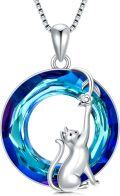 wholesale 925 Sterling Silver Blue Crystal Cat Pendant Necklace Gifts for Women Girls Cat Lovers-0-0
