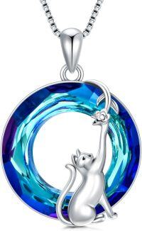 wholesale 925 Sterling Silver Blue Crystal Cat Pendant Necklace Gifts for Women Girls Cat Lovers-crystal cat