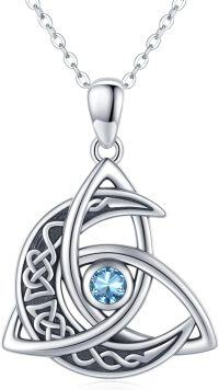 wholesale 925 Sterling Silver Celtic Moon Trinity Knot Pendant Birthstone Necklace-03-Mar-Aquamarine