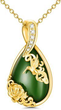 wholesale Sterling Silver Green Jade Necklace with Teardrop Hummingbird Dragonfly Butterfly Bee Cardinal Owl Fox Sloth Jewelry Gifts for Women Mom-1-Hummingbird-Gold