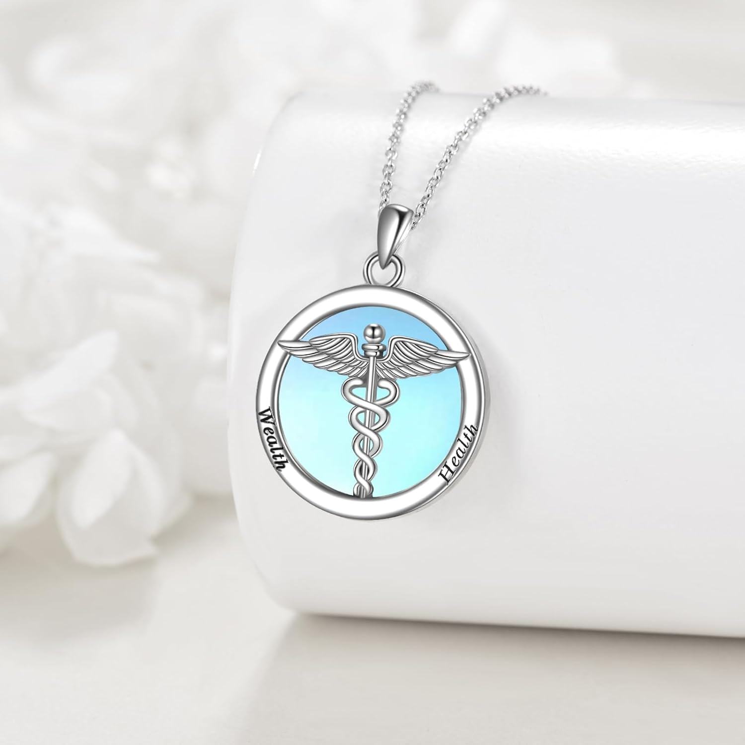 Sterling Silver Moonstone Caduceus Trident Asclepius Nurse Pendant Necklace-0-3
